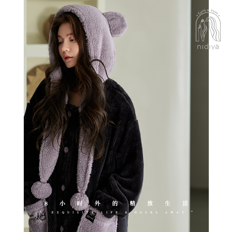 妮狄娅睡衣女冬珊瑚绒保暖连帽中长款睡袍甜美可爱时尚秋冬家居服