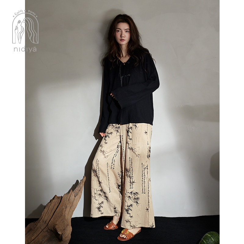 妮狄娅纯棉女秋新中式家居服套装