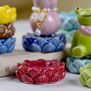 创意陶瓷手绘莲花托盘yoyo酱系列配件装饰品转转底座可旋转小摆件