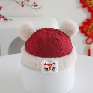 宝宝帽子秋冬季婴儿新年红色针织帽儿童过年帽男童女宝喜庆圣诞帽