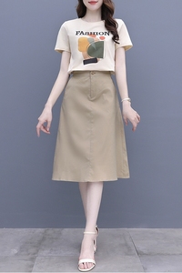 PS31718# 夏新款韩版时尚字母几何图形印花圆领T恤半身裙套装 服装批发女装直播货源