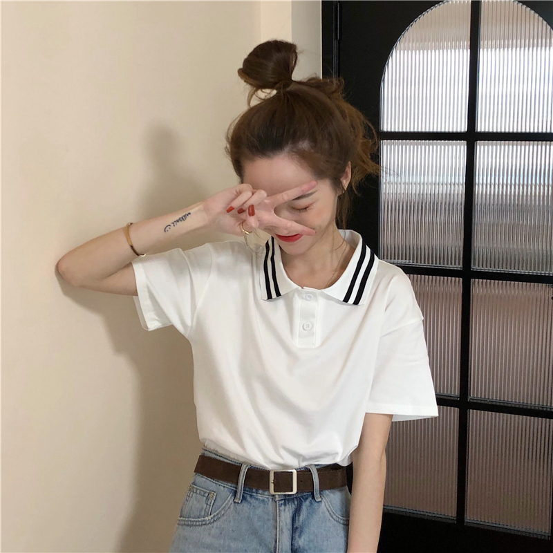 Real shot cotton net red stripe short sleeve white t-shirt female student Navy T-shirt summer