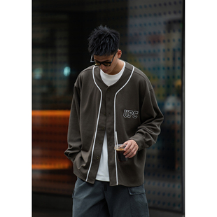 Batterup2025新款春秋上衣日系宽松无领棒球衬衫开衫夹克外套男潮