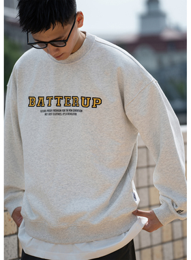 Batterup2025春秋新款上衣日系无帽宽松加绒刺绣休闲圆领卫衣男潮