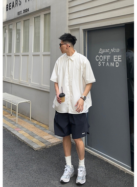Batterup夏季新品日系cityboy纯色宽松简约凉感薄款短袖衬衫男潮