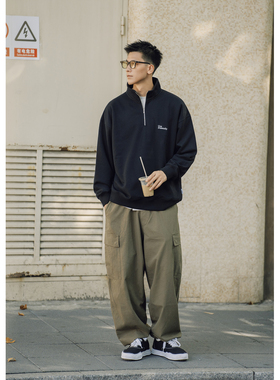 Batterup秋冬新款上衣日系复古宽松休闲加绒百搭半拉链套头卫衣男