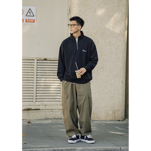 Batterup秋冬新款上衣日系复古宽松休闲加绒百搭半拉链套头卫衣男