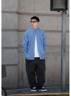 Batterup25潮牌春秋新款上衣日系宽松蓝色条纹休闲长袖衬衫男款