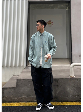 Batterup春秋新款外套日系宽松复古水洗做旧浅色牛仔长袖衬衫男潮