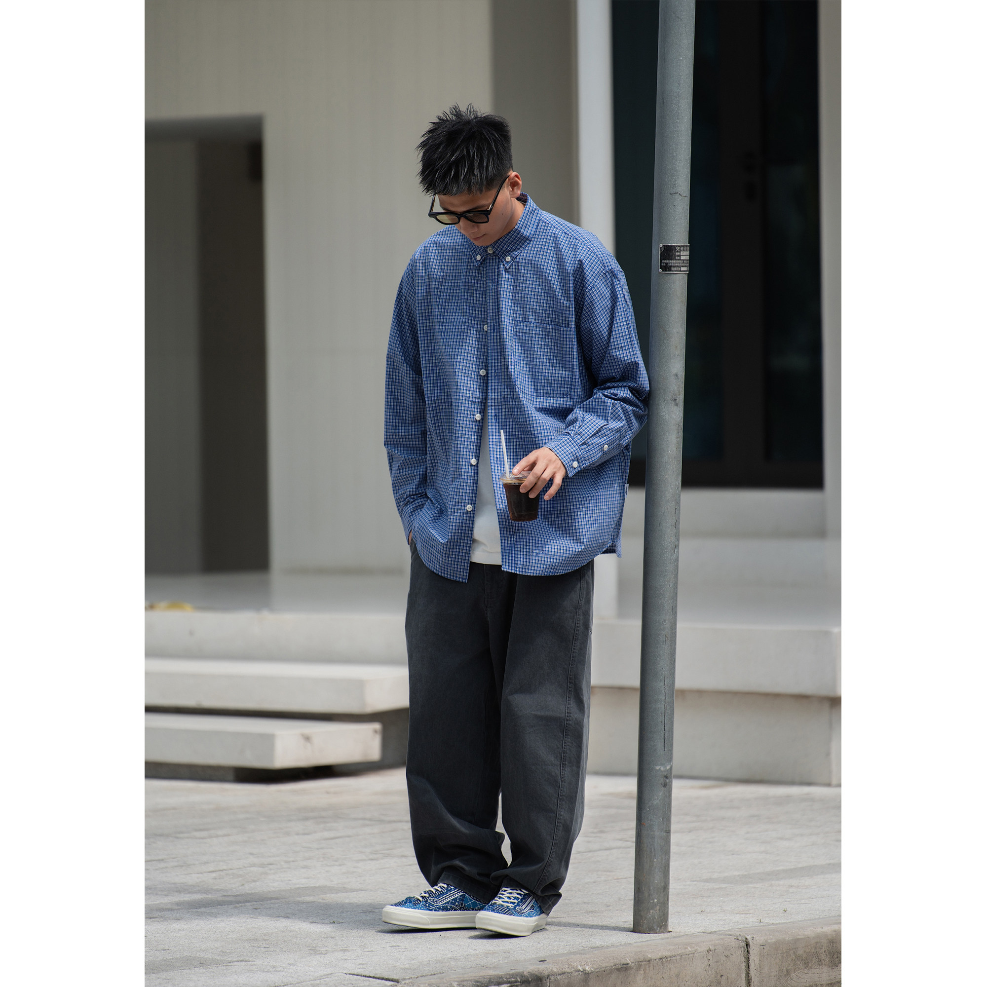 Batterup日系潮牌春季新款宽松cityboy薄款格子休闲长袖衬衫男