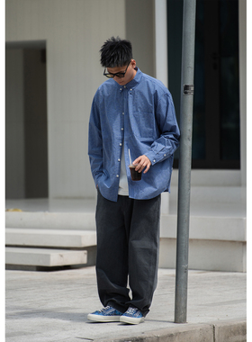 Batterup日系潮牌春季新款宽松cityboy薄款格子休闲长袖衬衫男