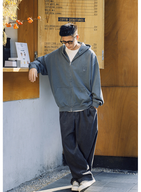 Batterup日系重磅水洗做旧破坏泼墨宽松毛圈开衫连帽卫衣男外套潮