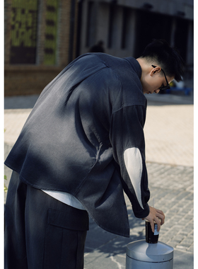 Batterup春秋新款百搭休闲上衣日系宽松拼接撞色水滴长袖衬衫男潮