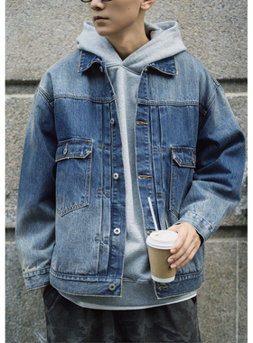 Batterup日系复古宽松重磅休闲水洗做旧破坏牛仔夹克外套男春秋潮