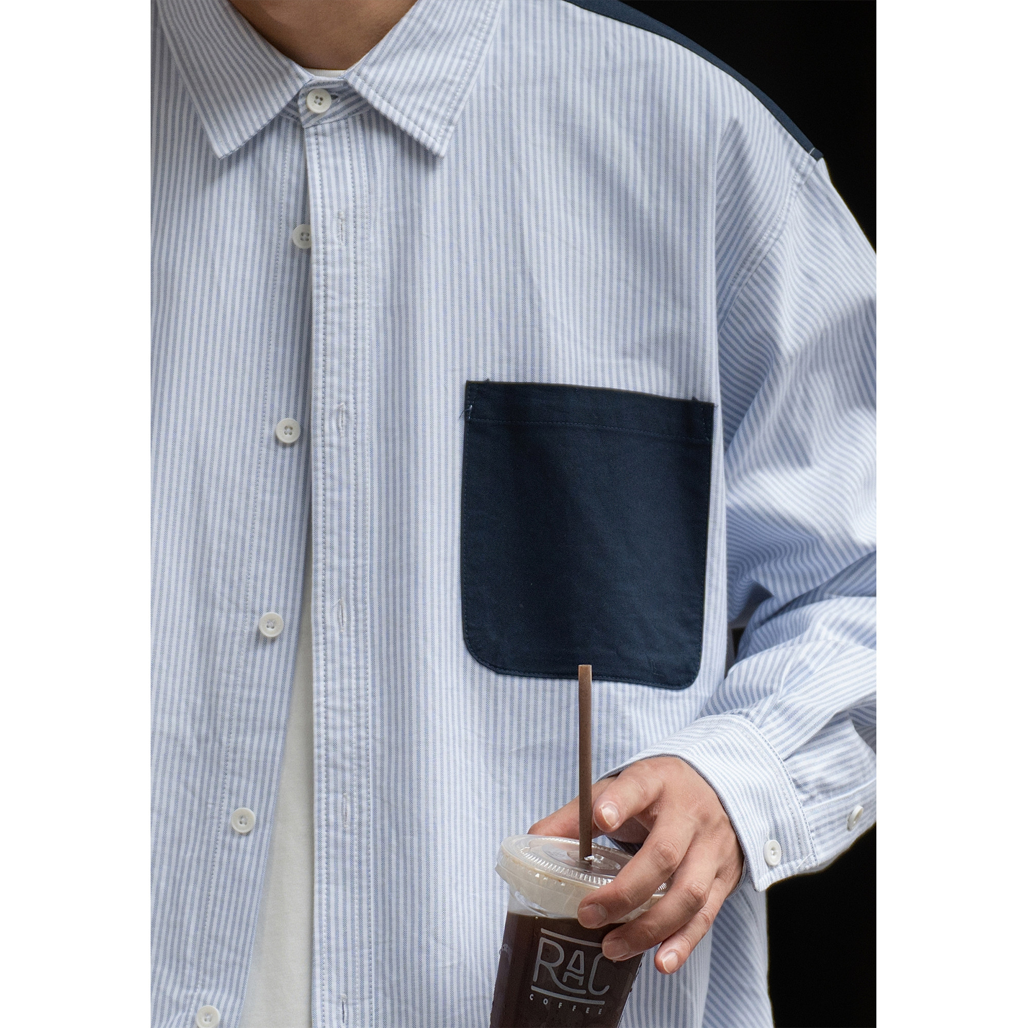 Batterup春秋新款日系cityboy蓝色条纹宽松纯棉拼接长袖衬衫男潮