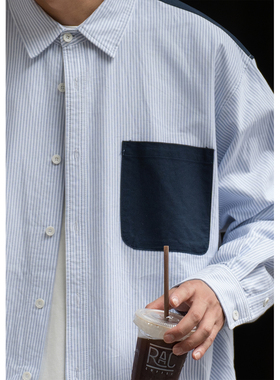 Batterup春秋新款日系cityboy蓝色条纹宽松纯棉拼接长袖衬衫男潮