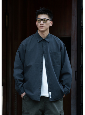 Batterup2026春夏新款日系宽松纯色水洗工装翻领休闲长袖衬衫男潮