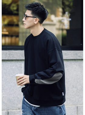 Batterup秋冬新款外套撞色拼接无帽加绒绣花套头长袖圆领卫衣男潮