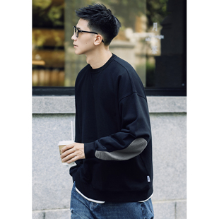 Batterup秋冬新款外套撞色拼接无帽加绒绣花套头长袖圆领卫衣男潮