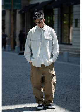 Batterup2025春秋新款外套日系宽松条纹拼接纯棉休闲长袖衬衫男潮