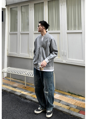 Batterup2024秋冬新款宽松上衣日系潮牌华夫格V领休闲开衫外套男