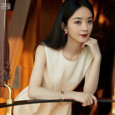 赵丽颖明星同款连衣裙女夏季新款腰带修身纯色优雅气质无袖裙子
