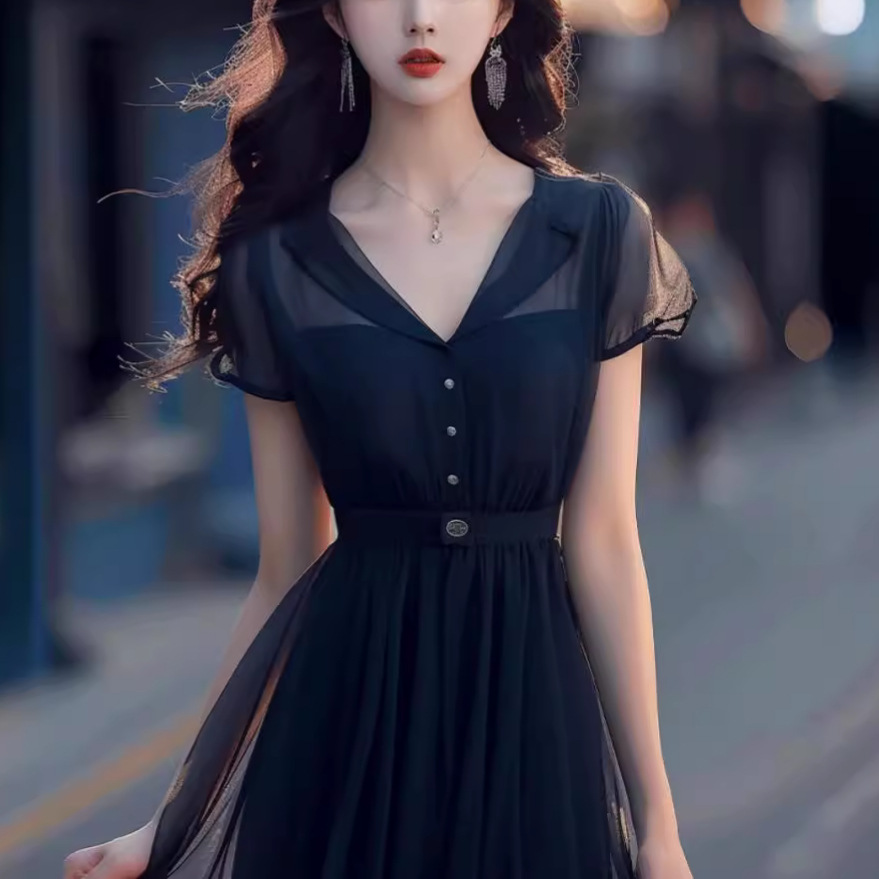 欧货名媛藏蓝色雪纺衬衫连衣裙女夏小众设计气质超仙法式收腰
