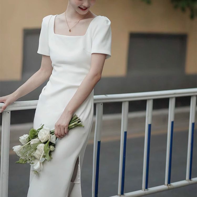 白色包臀连衣裙夏高级感法式名媛气质订婚主持人小礼服女平时