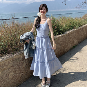 韩系开春穿搭一整套女2025新款独特漂亮牛仔外套吊带连衣裙两件套图片