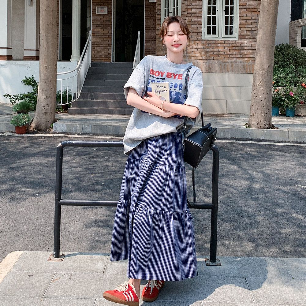 韩系慵懒风字母印花T恤女套装2025夏季新款高腰格子半身裙两件套,女装套装/套裙,浙宝239