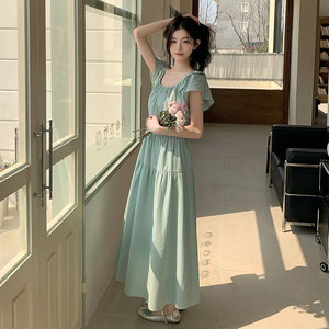 荡领挂脖式夏季飞飞袖通勤连衣裙小众方领法式收腰气质长裙显瘦图片