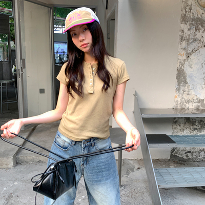 复古亨利领t恤短袖女正肩短款