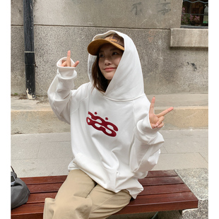 珍妮宇航局 原创植绒印花连帽插肩袖卫衣女秋冬宽松慵懒风小个子
