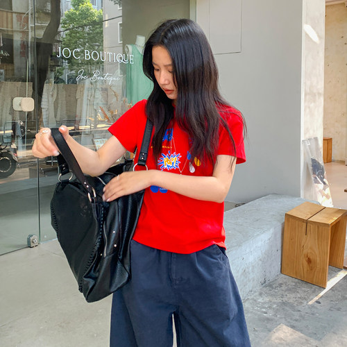 原创趣味印花短袖t恤女正肩短款