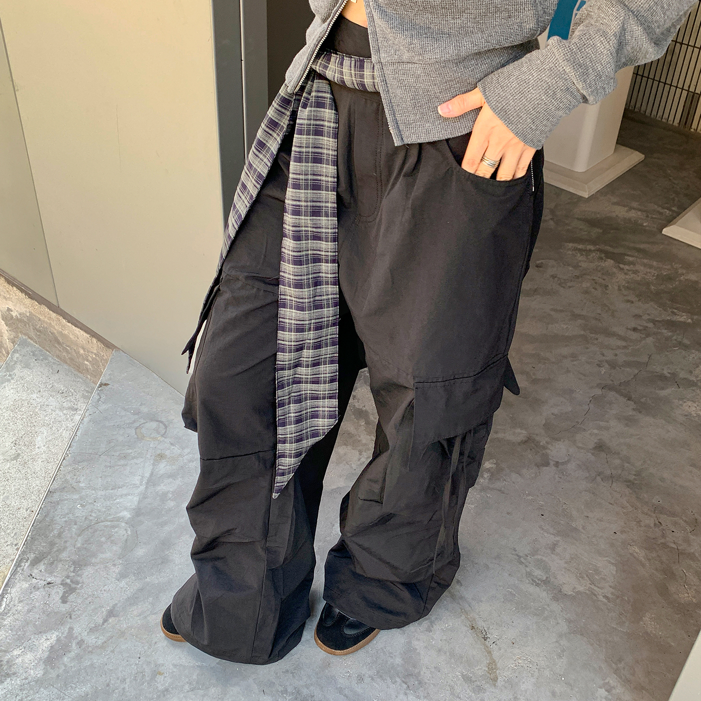 格子腰带伞兵裤女秋季复古