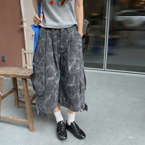 复古多口袋抽绳迷彩朋克工装裤女