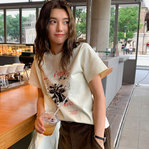 印花短袖t恤女2026年新款正肩