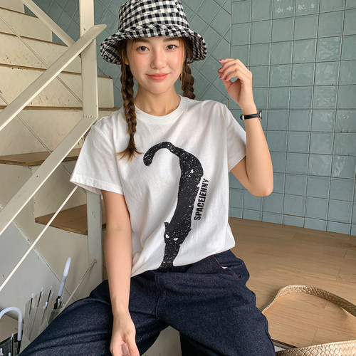 珍妮宇航局 原创趣味印花短袖T恤女夏新款简约设计感小众正肩上衣