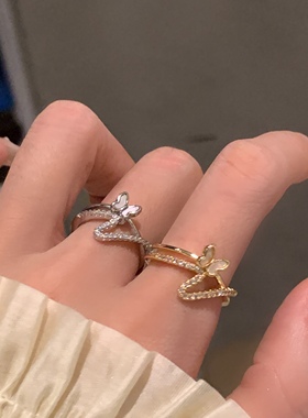 蝴蝶贝母双层戒指女小众设计高级感食指戒轻奢气质锆石开口戒指环