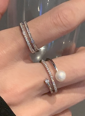 显手细~闪闪锆石珍珠戒指女叠戴