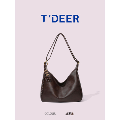 T'deer复古大容量单肩斜挎包包女式2025新款秋冬大容量通勤托特包