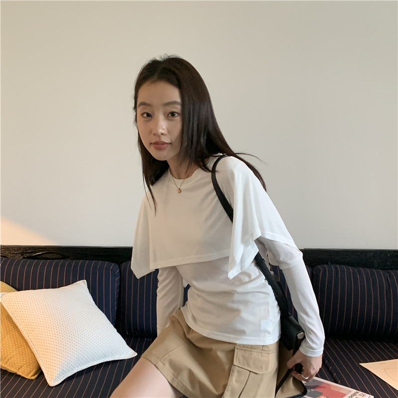 韩系2025年秋季新款假两件长袖披肩t恤女设计感上衣薄款打底外穿