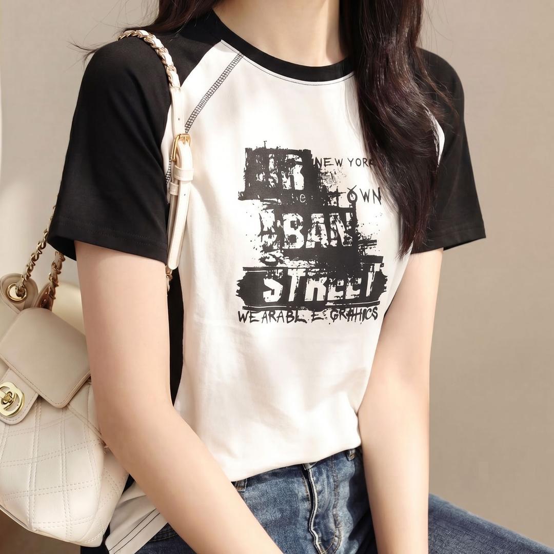 美式复古撞色修身显瘦短袖T恤女