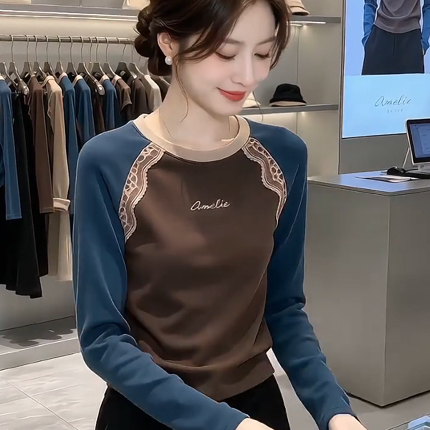 韩系撞色蕾丝德绒保暖长袖T恤女