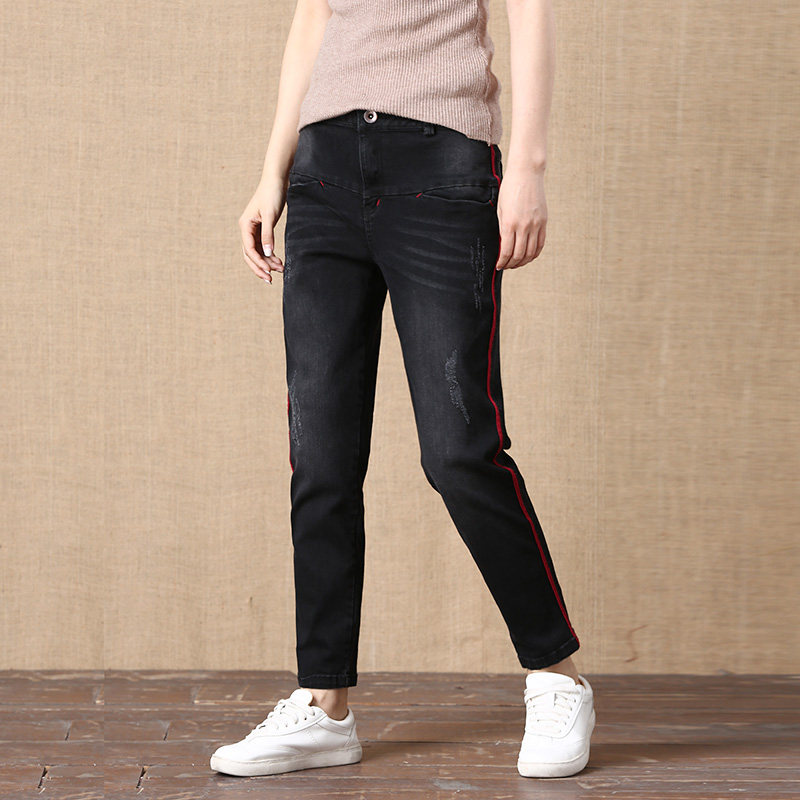 黑色牛仔裤女小个子修身显瘦高腰弹力哈伦裤秋冬复古百搭铅笔裤