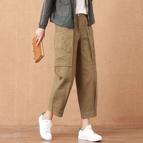 卡其色女士休闲裤工装裤松紧腰时尚松紧腰个性大口袋裤子老爹裤