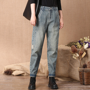 补丁复古百搭2025春秋新款 哈伦裤 萝卜拼接个性 宽松老爹裤 女牛仔裤