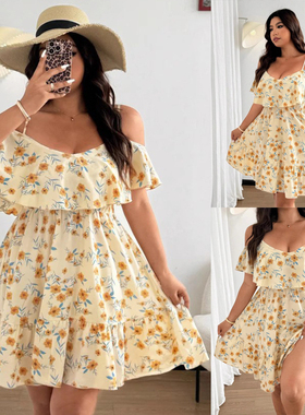 Plus size women ladies Print dress大码女装碎花吊带连衣裙L-XL