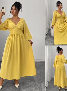 Curvy Ladies Party Dress 大码气质深V领黄色礼服高腰显瘦连衣裙