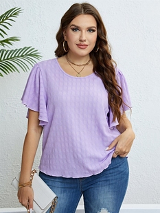 Women Neck Sleeves Purple Round Summer Ruffled Size Top Plus